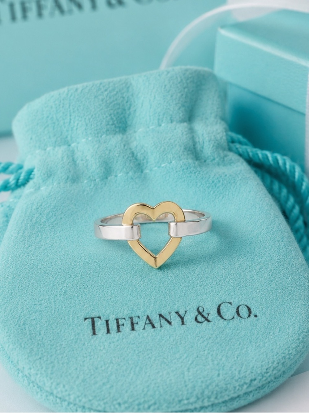 Authentic Tiffany & Co Open Heart Ring 18K Gold Sterling Silver Retired Size 5